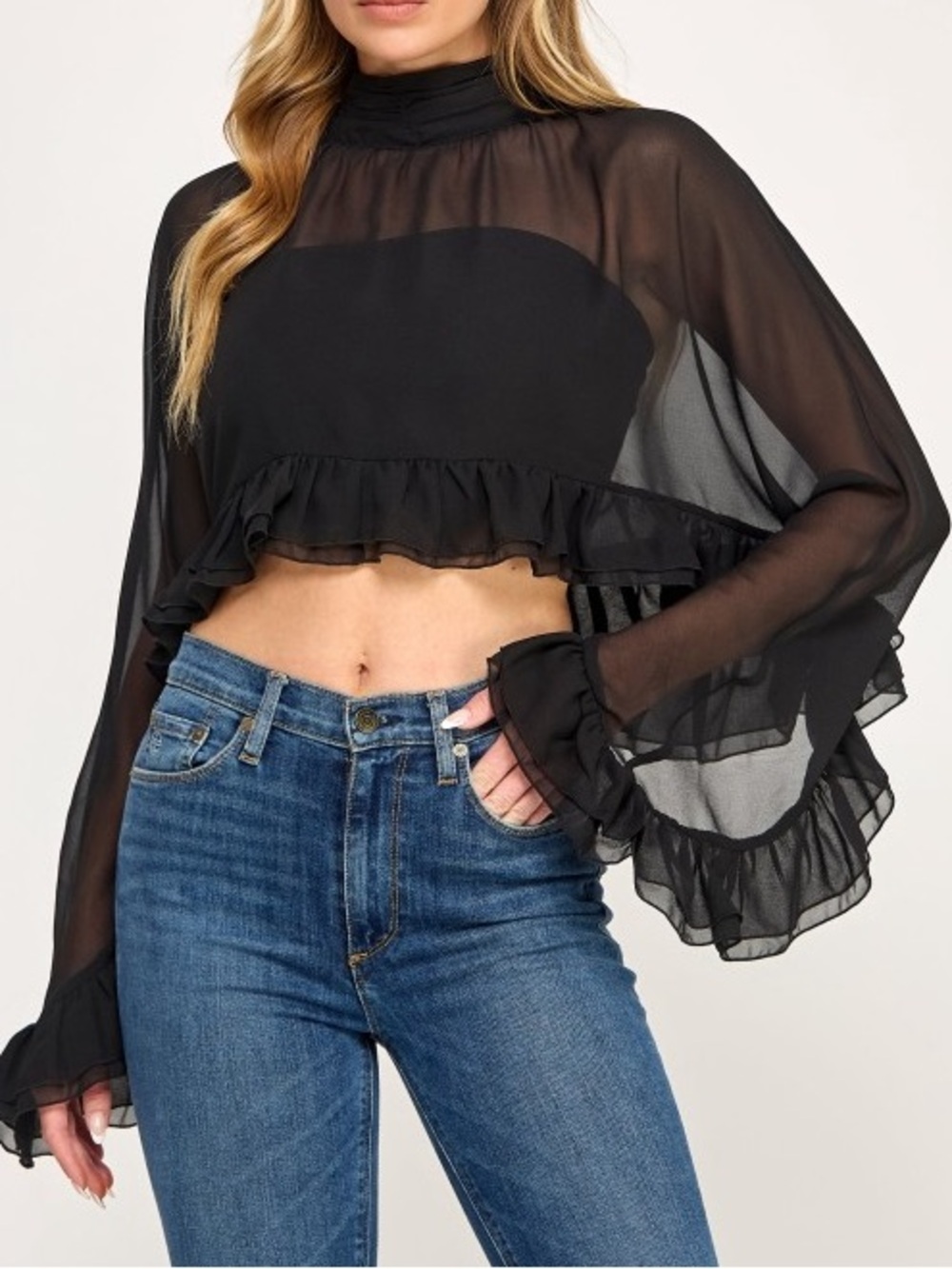 Black Chiffon Tiered Sheer Long Sleeve Blouse Top
